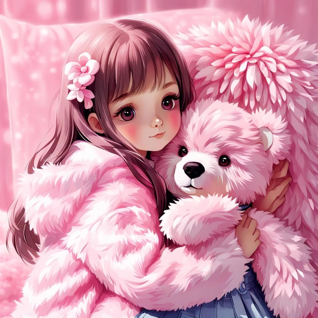 Girl with Fluffy Pink Teddy Bear