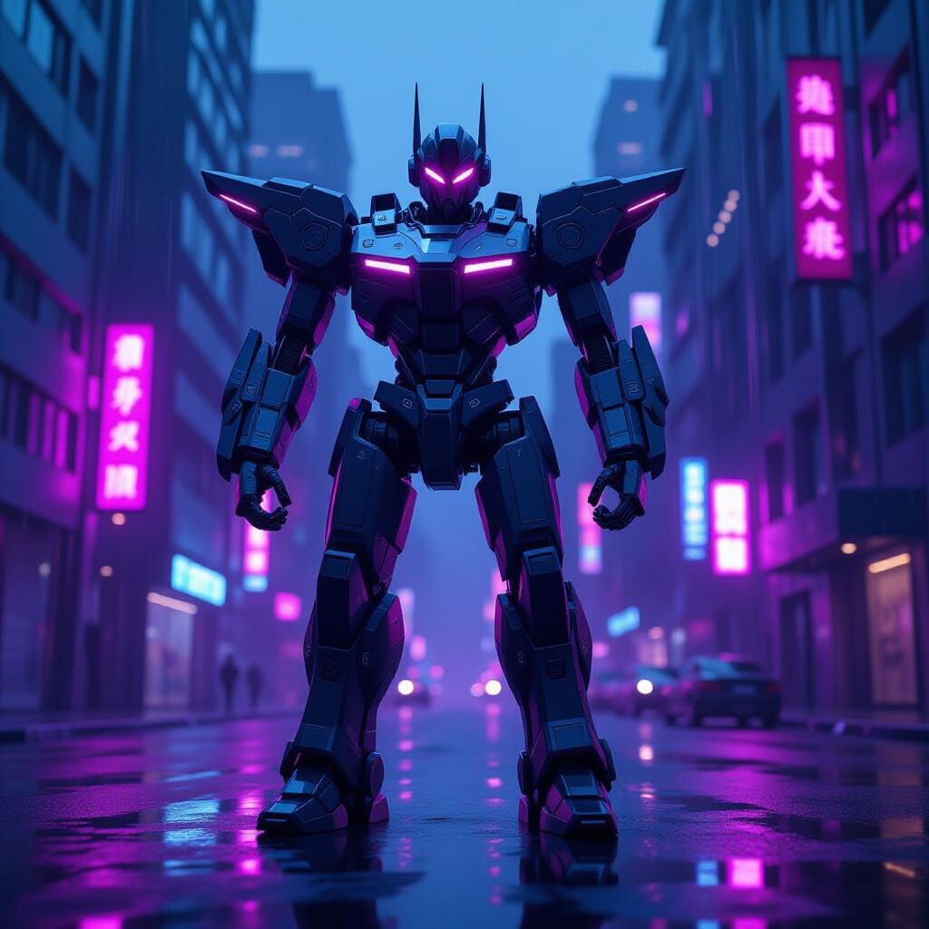 Futuristic Robot in Cyberpunk Cityscape