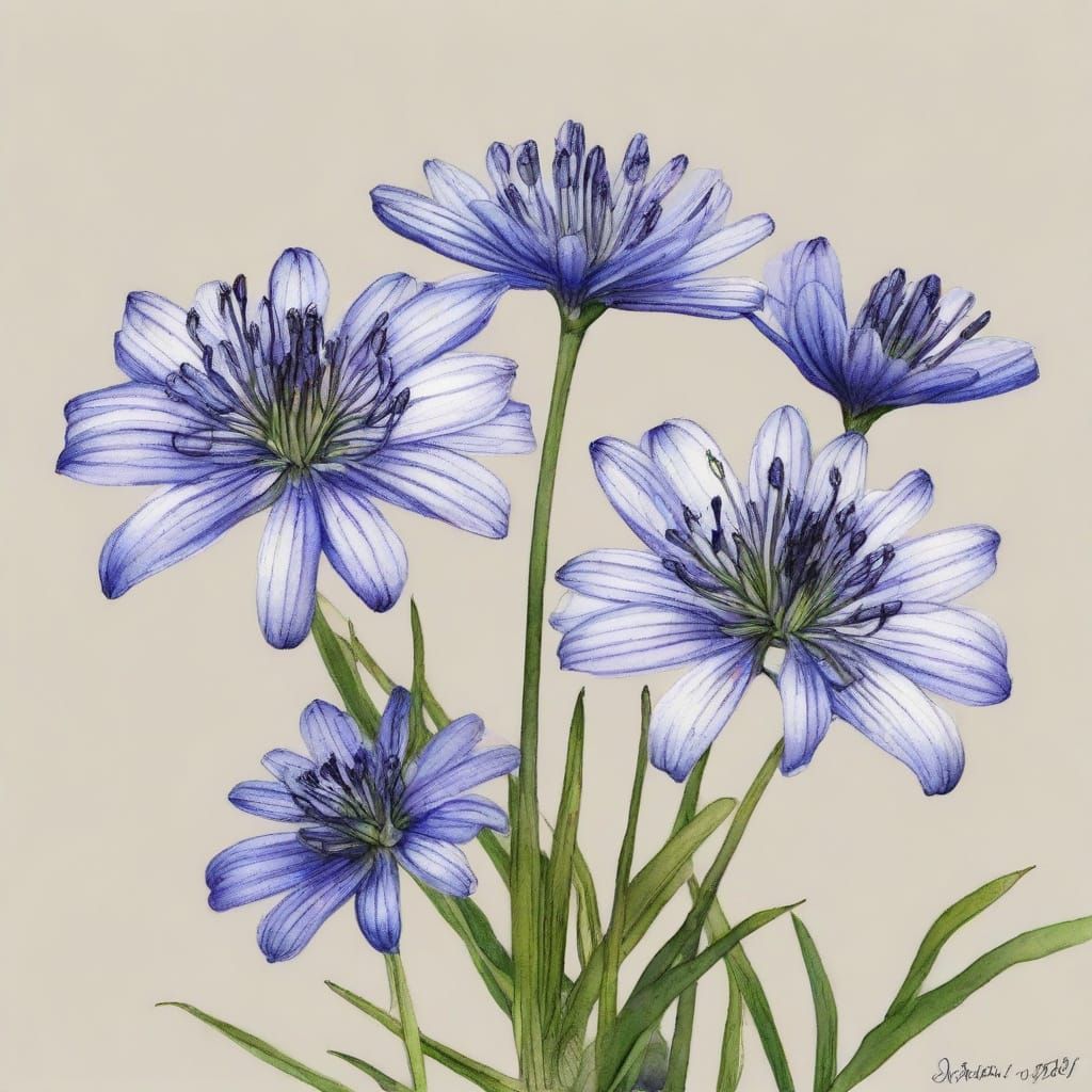 Intricate Watercolor Flowers in Whimsical Line Art Style