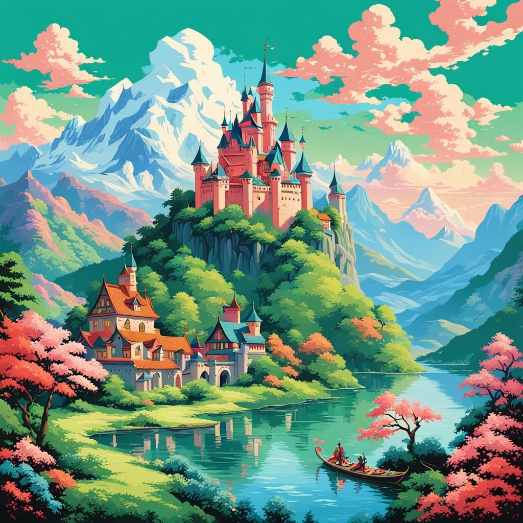 Colorful Fantasy Valley with Dragon, Vintage Disney Style