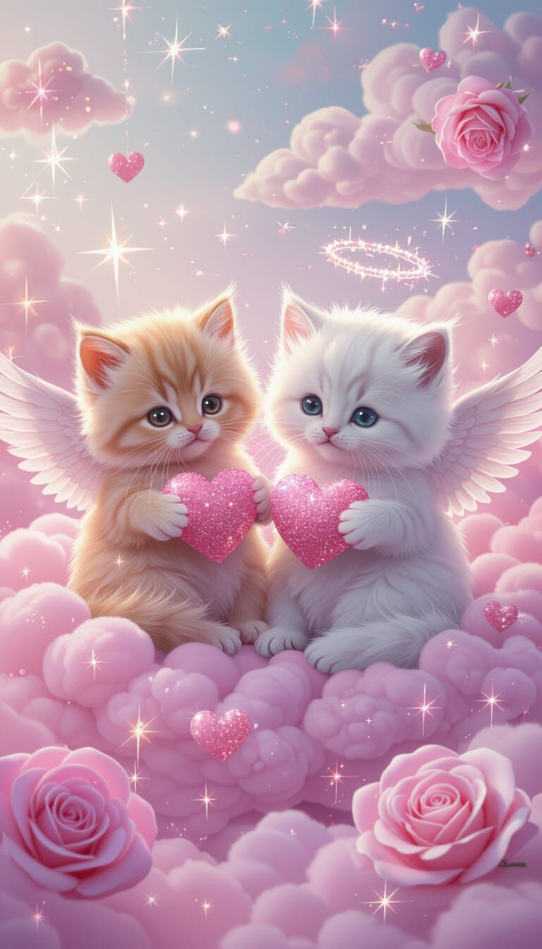 Angelic Kittens in Pastel Cloudscape: Fantasy Art