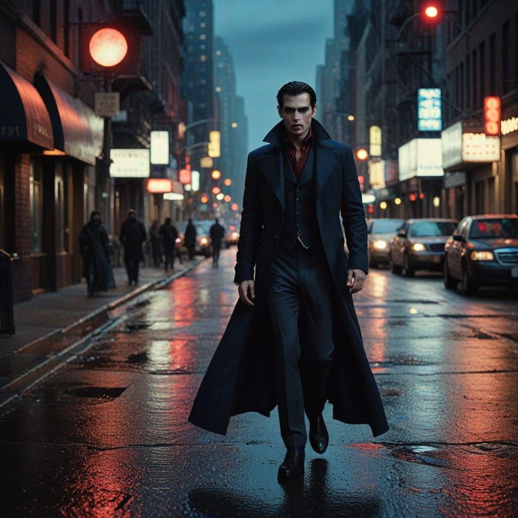 Vampire on Wet New York Street Under Blood Moon