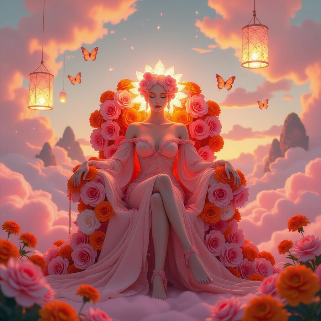 Radiant Silk Humanoid on Floral Throne: Surreal Portrait