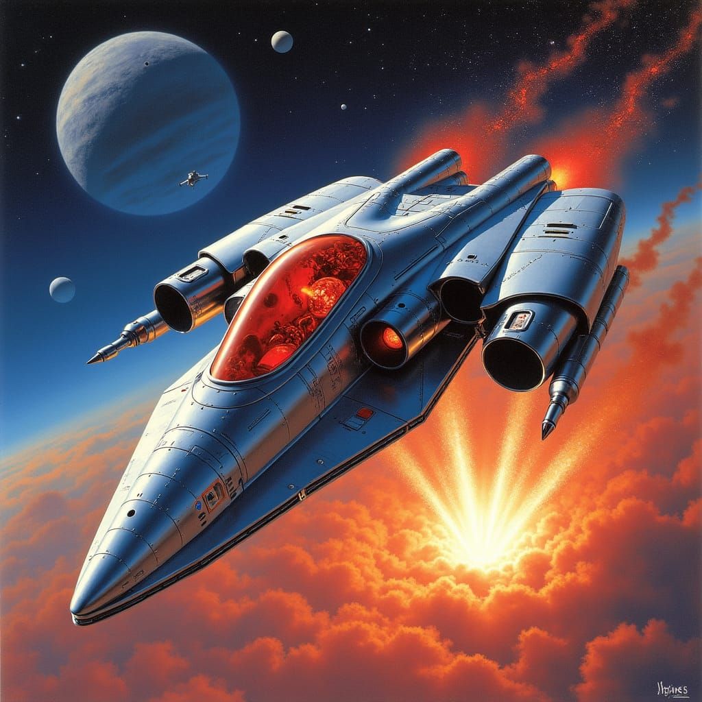 Cyberpunk Galaga Spaceship Dogfight in Retro Sci-Fi Style