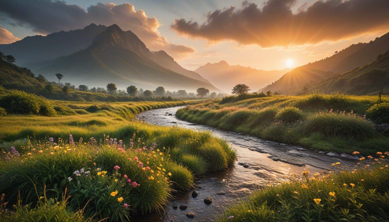 Vibrant Mountain Landscape at Sunrise Photography