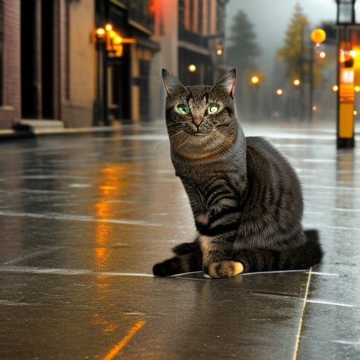 Steampunk Cat Roaming Rainy City Streets