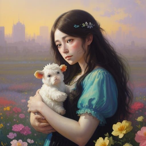 Sad Baby Cow Among Flowers Gouache Watercolour Painting