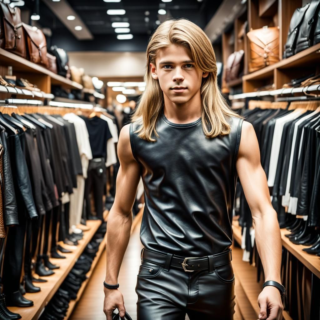 Teenage Boy Shopping for Leather Clothing