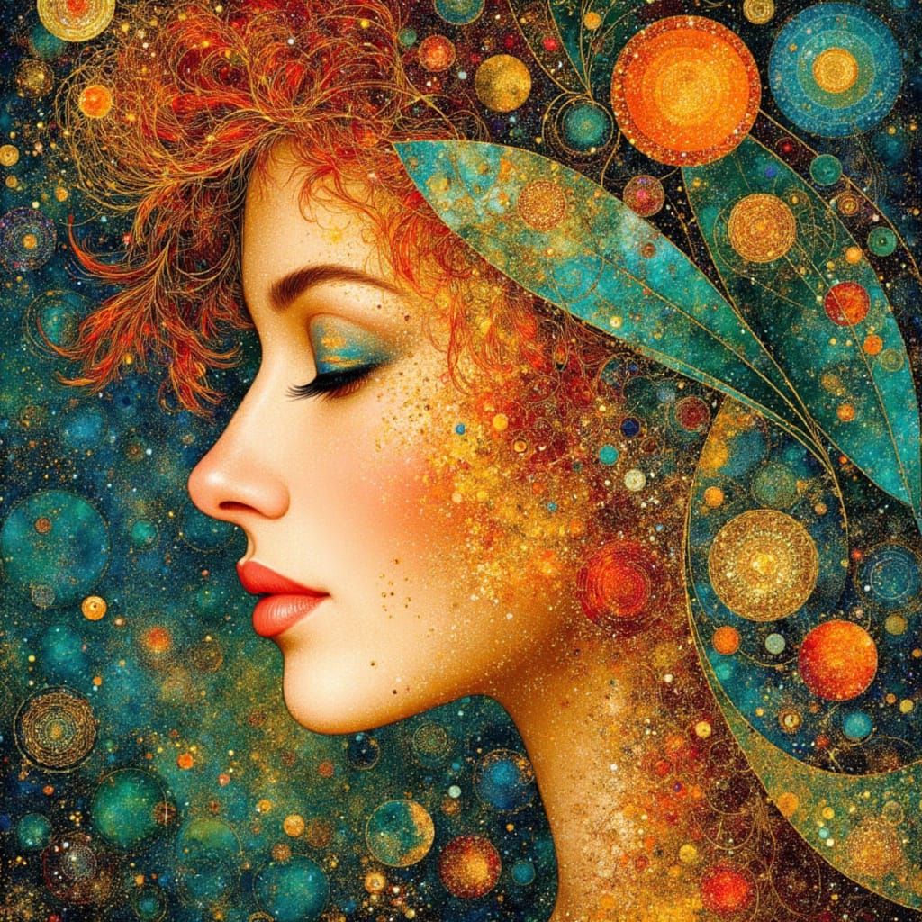 Ocean Goddess in Gold, Teal, and Crimson, Klimt Style