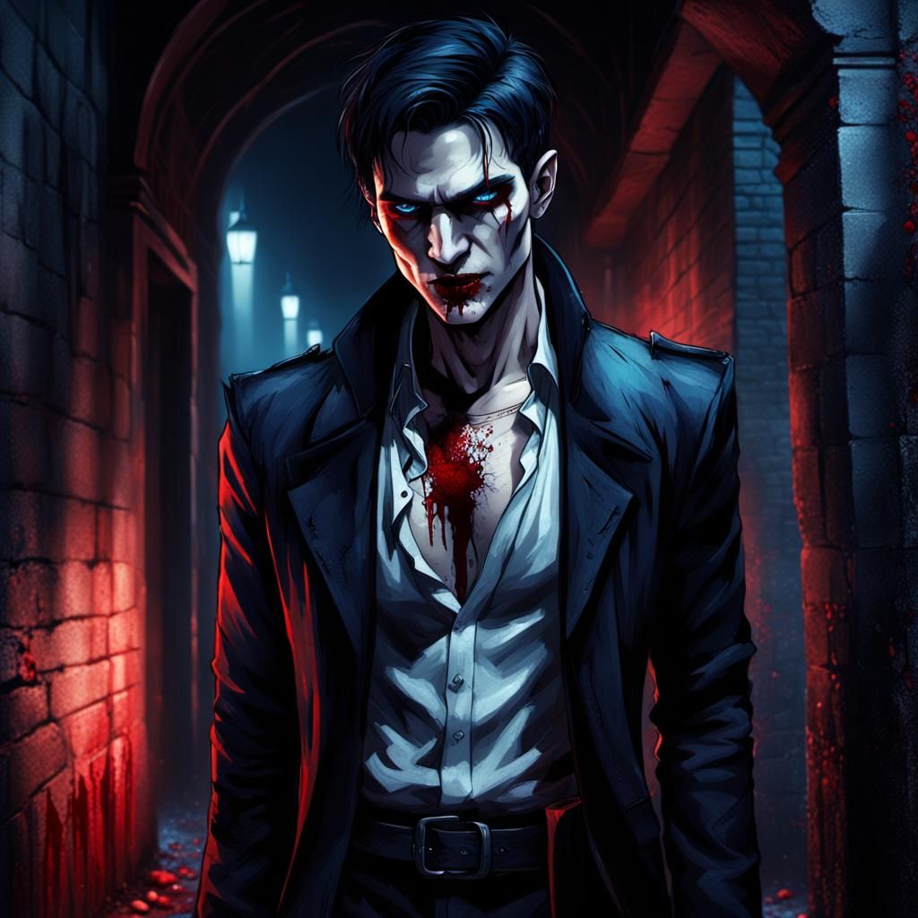 Dark Gothic Vampire in Moody Alleyway