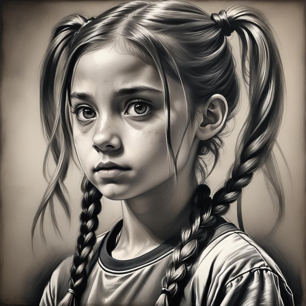 Intense Charcoal Portrait of a Confident Young Girl