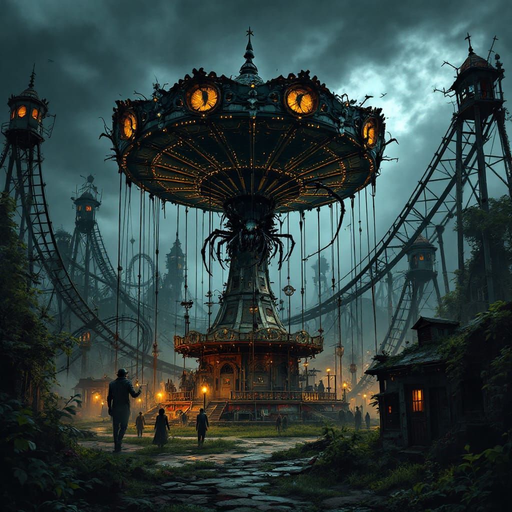 Abandoned Amusement Park Villain Hideout with Mechanical Spi...