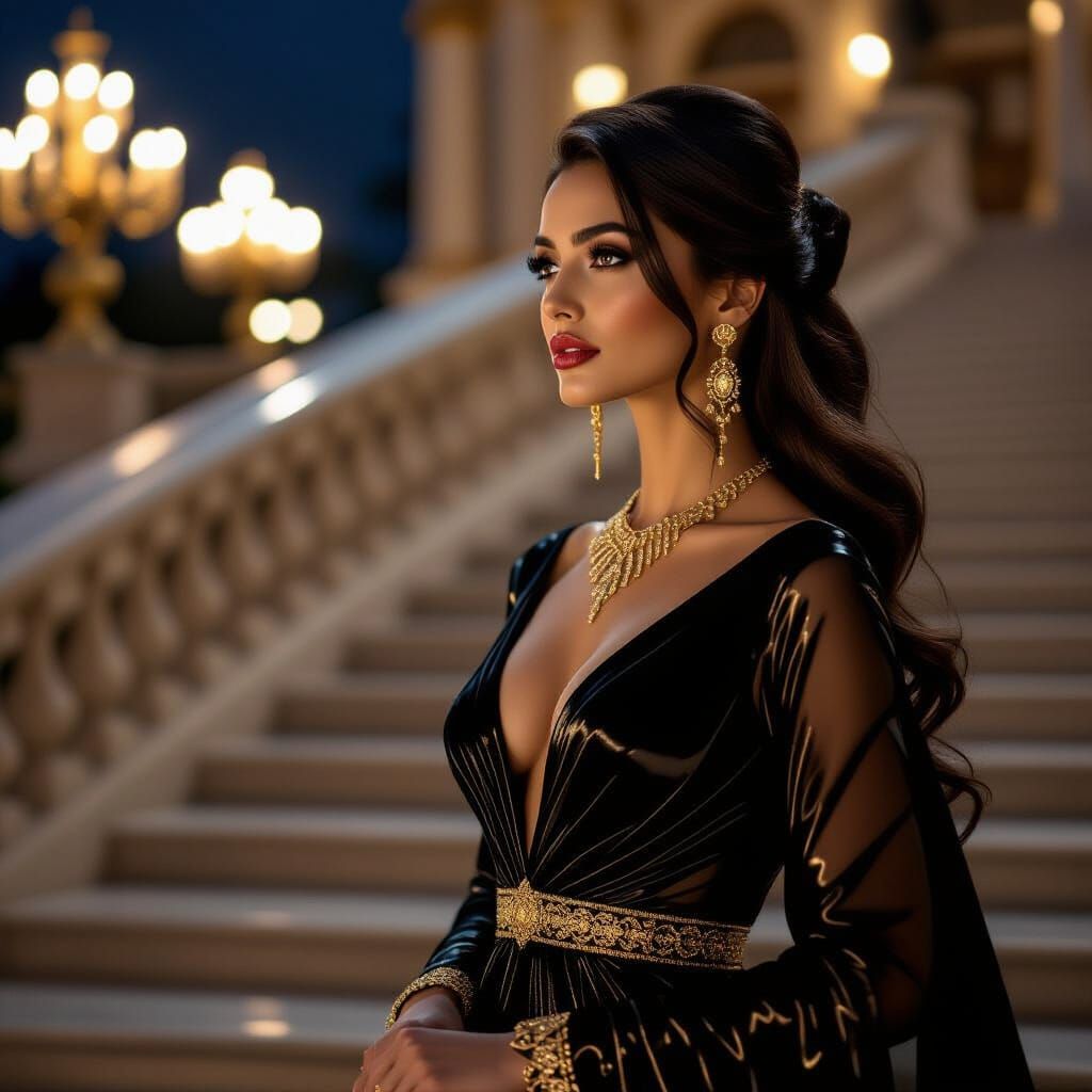 Persian Woman in Royal Gown on Palace Stairs at Night