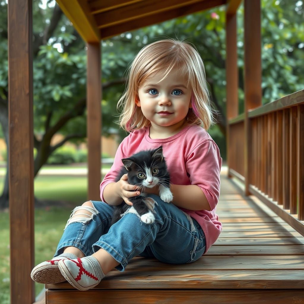 Toddler Girl with Kitten: Realistic Oil Painting