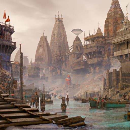 Detailed Matte Painting of Varanasi in Deep Color