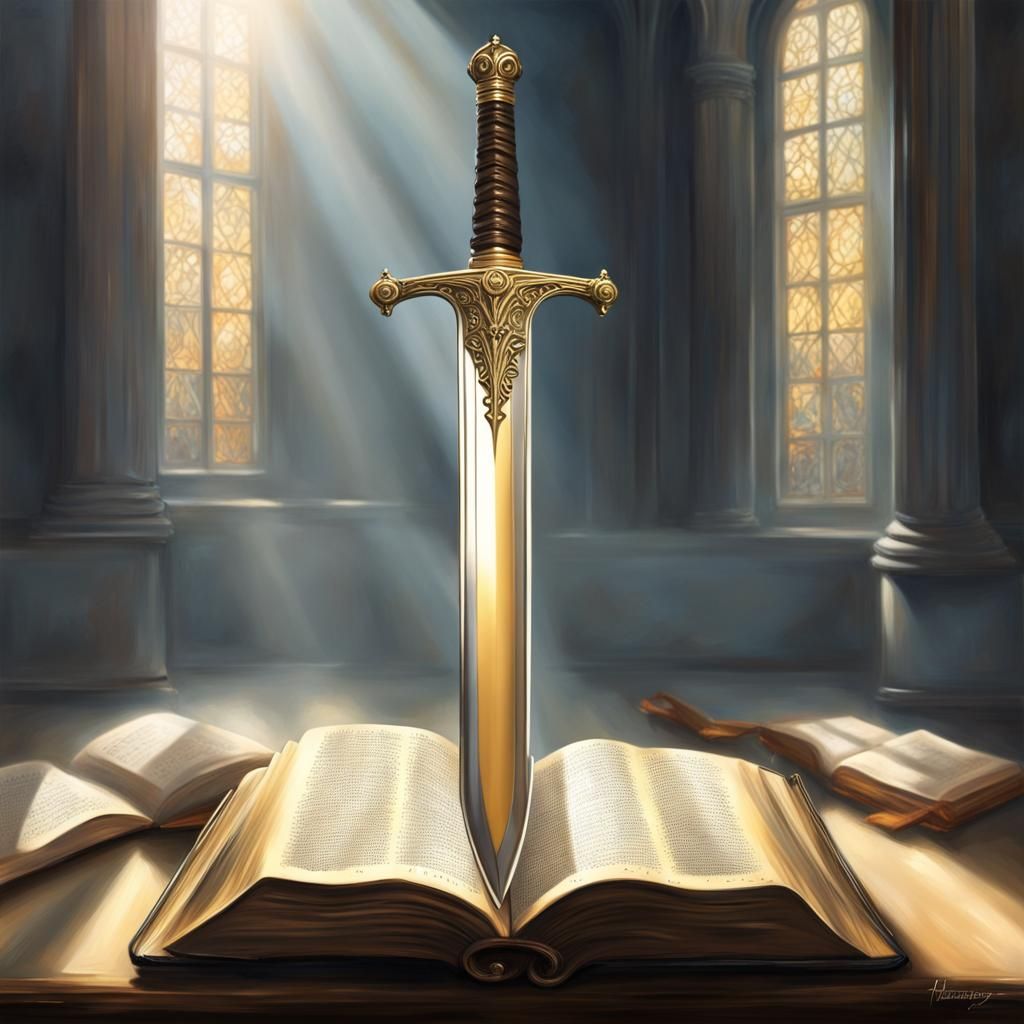 Sword and Bible: Hyperrealistic Fantasy Oil Painting