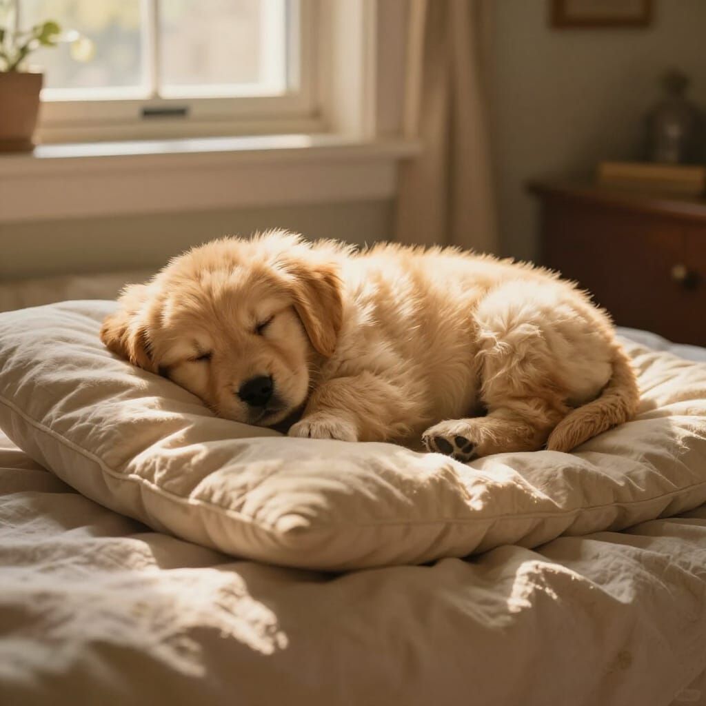 Golden Retriever Puppy Sleeps Peacefully Beside Master