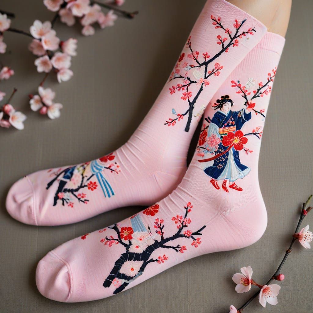 Samurai Socks Amongst Cherry Blossoms in Ukiyo-e Style