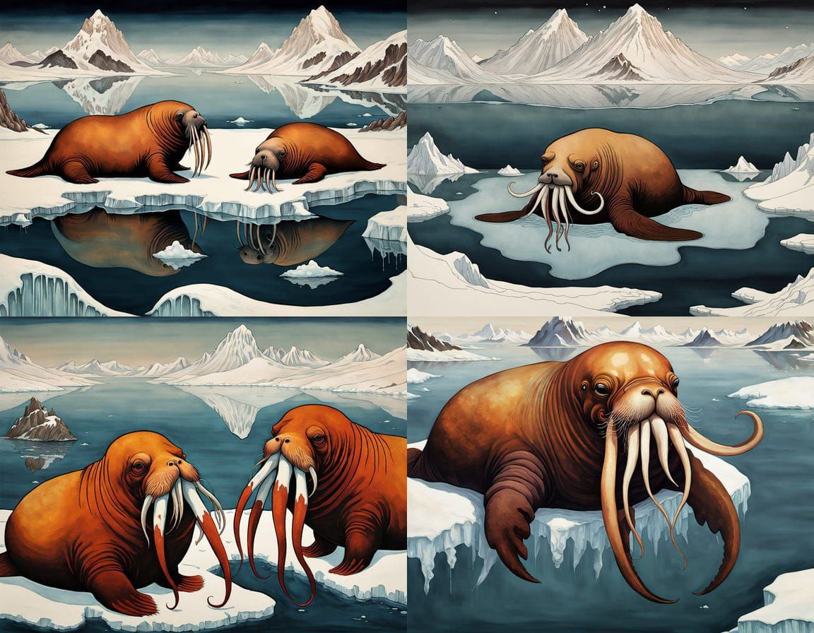 Mythical Walrus-Squid Hybrid in Ukiyo-e Surrealism