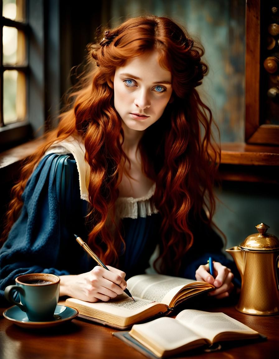 Woman Writing in Journal: Pre-Raphaelite Portrait