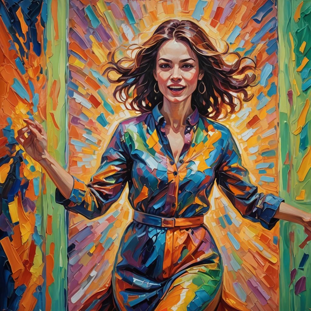 Woman with Neon Wardrobe: Neo-Impressionist Oil Painting