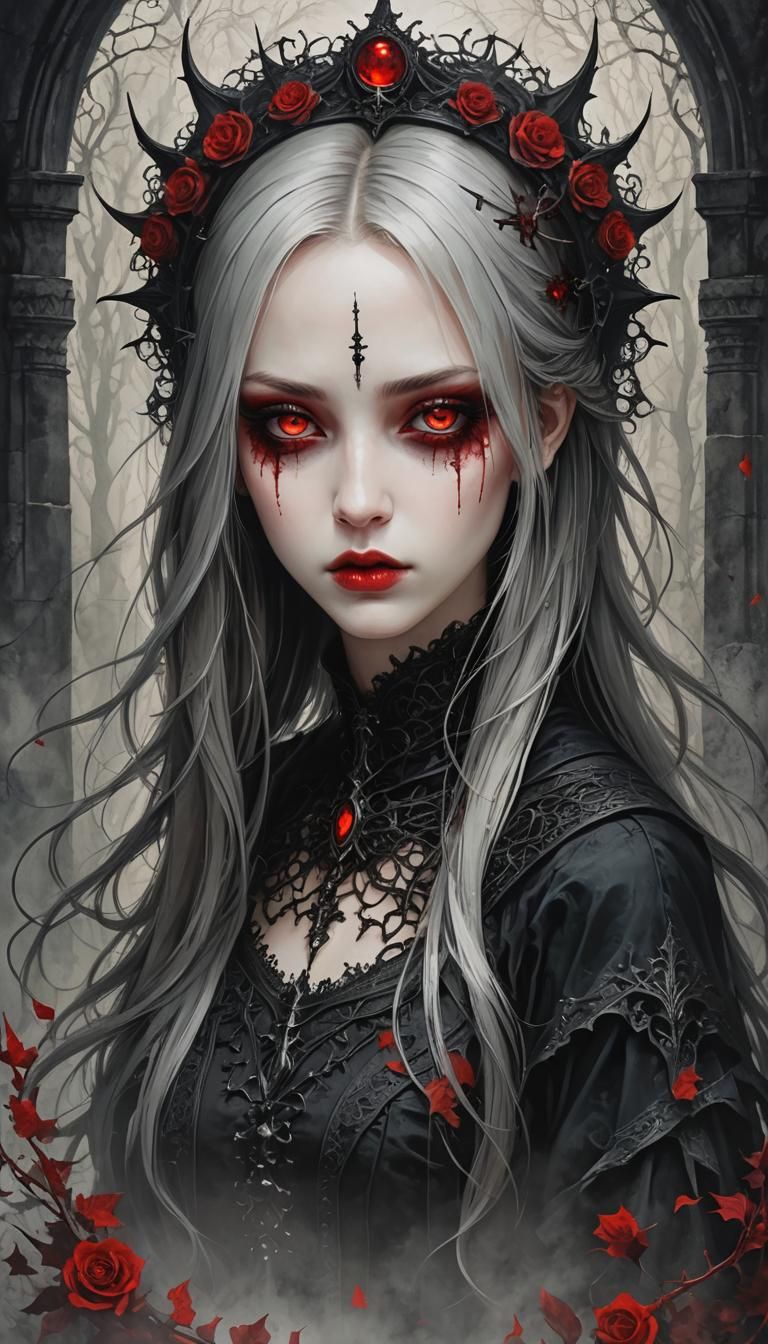 Gothic Girl with Red Eyes in Fantasy Setting