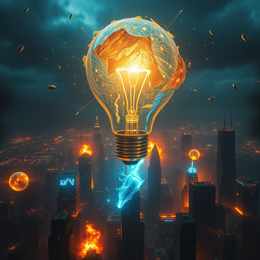 Malevolent Light Bulb Attacks Metropolis in Digital Art