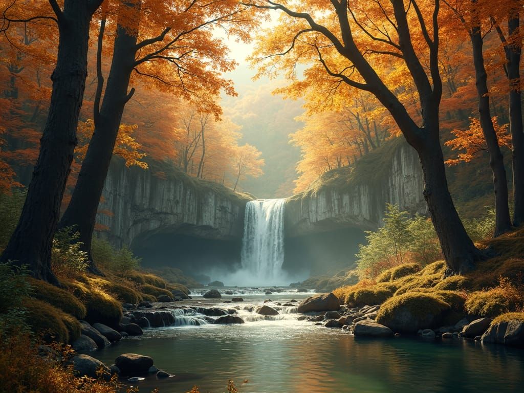 Autumn Forest Glen with Golden Light and Waterfall