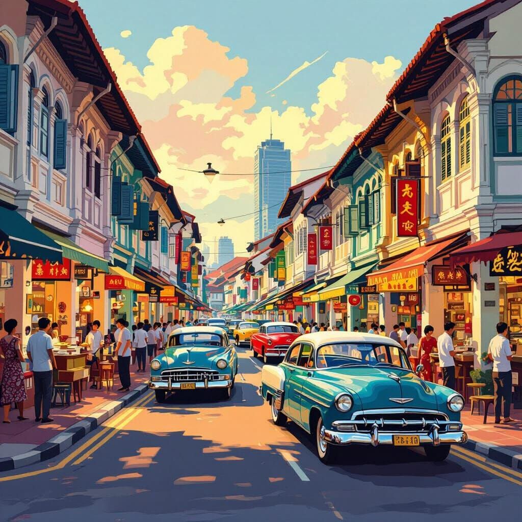 1950s Singapore Street Scene in Golden Hour