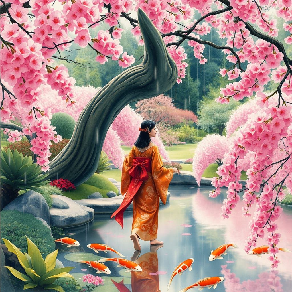 Japanese Garden Woman in Art Nouveau Style