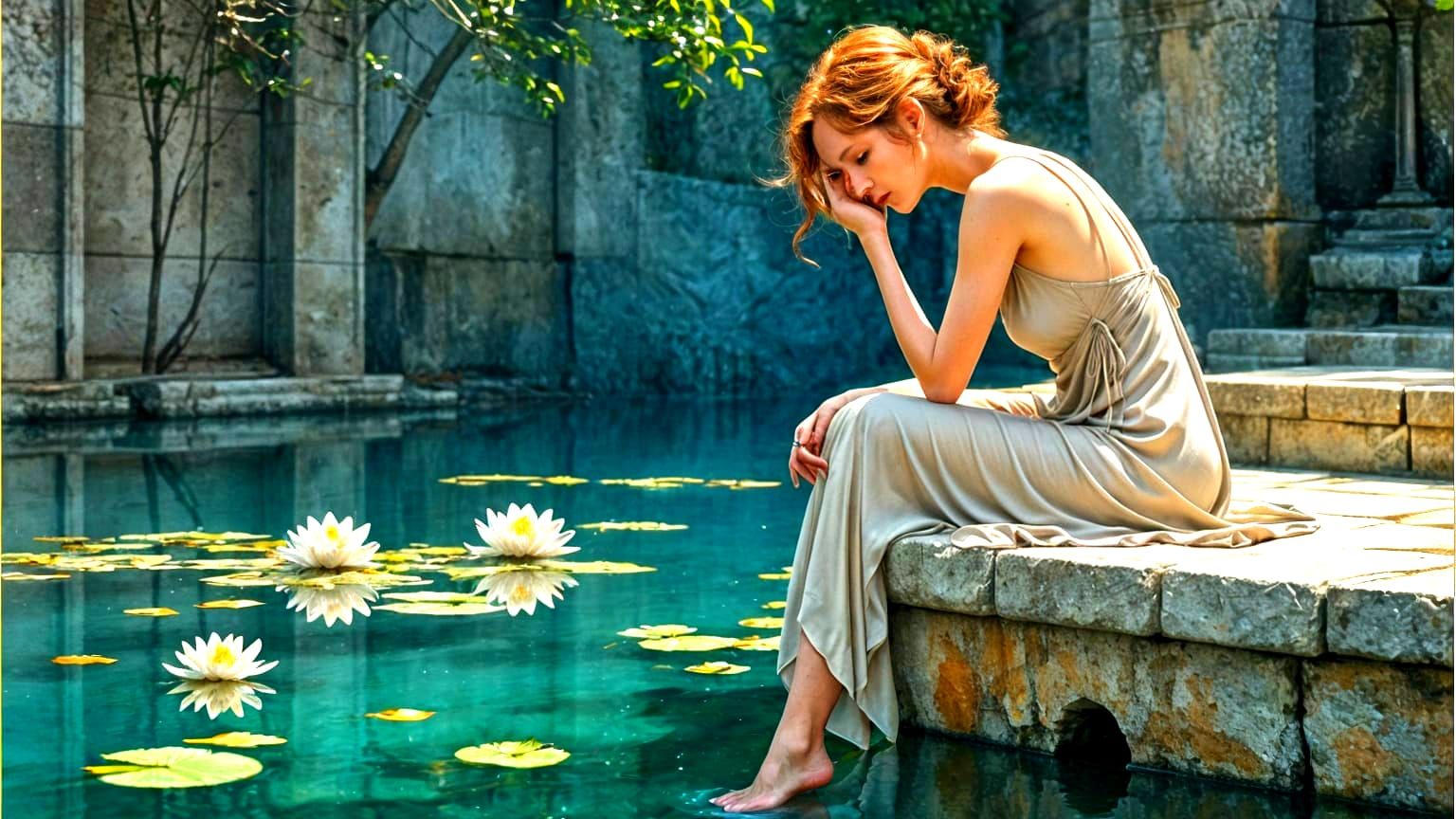 Melancholic Woman by Still Pond in Flowing Dress