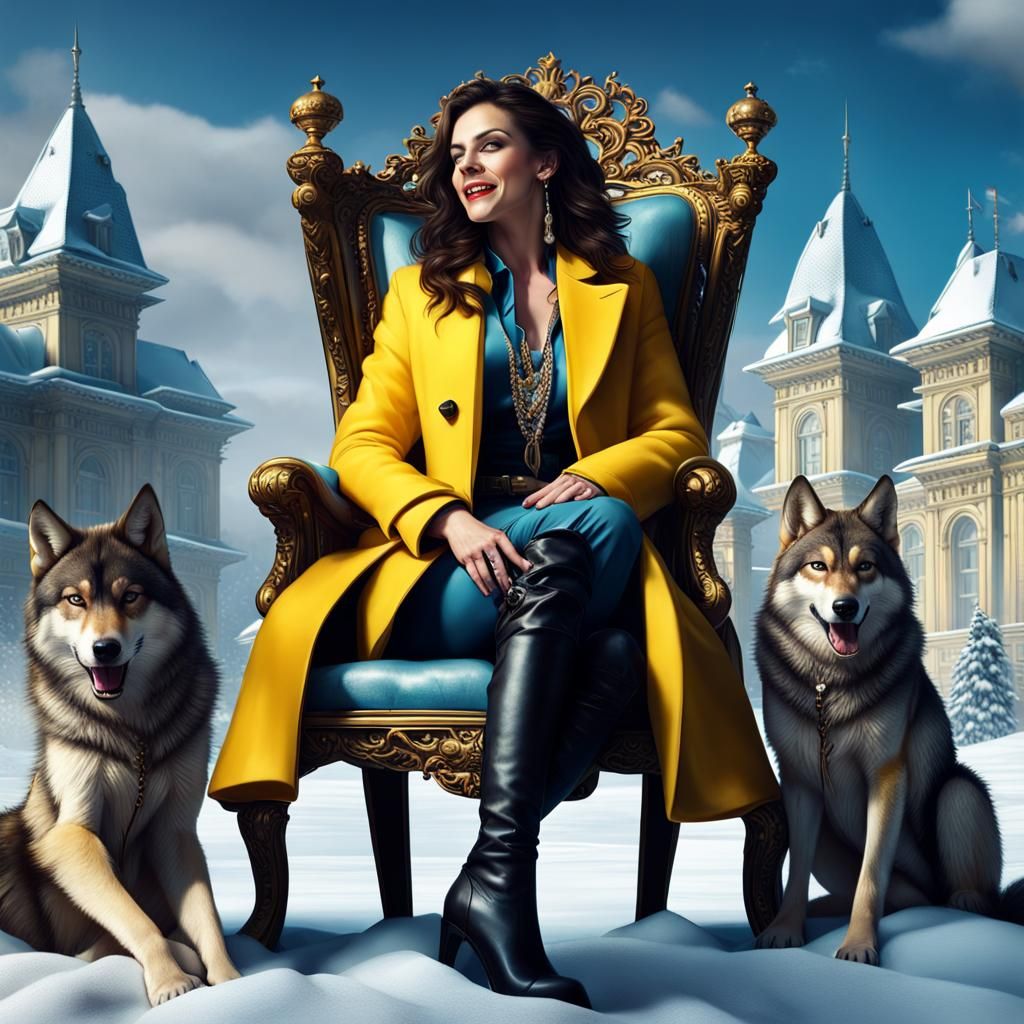 Female Gangster on Throne with Wolves in Snowy Landscape