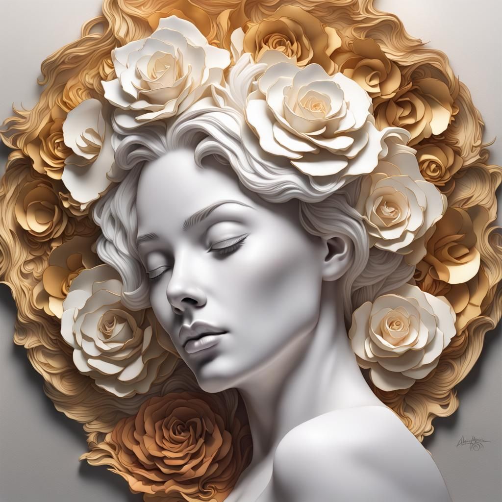 Porcelain Woman with Paper Cut Roses, Art Nouveau Style