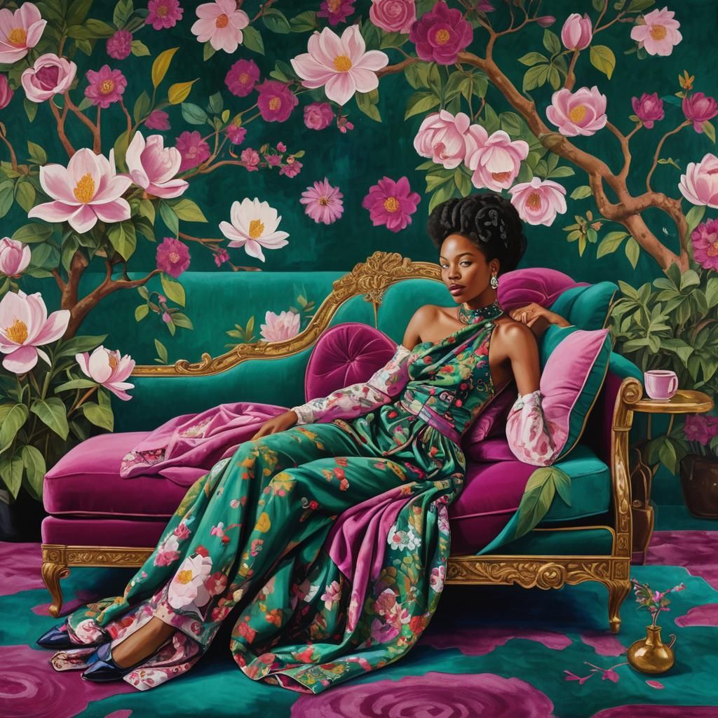 Southern Belle on Divan in Klimt-Basquiat Style