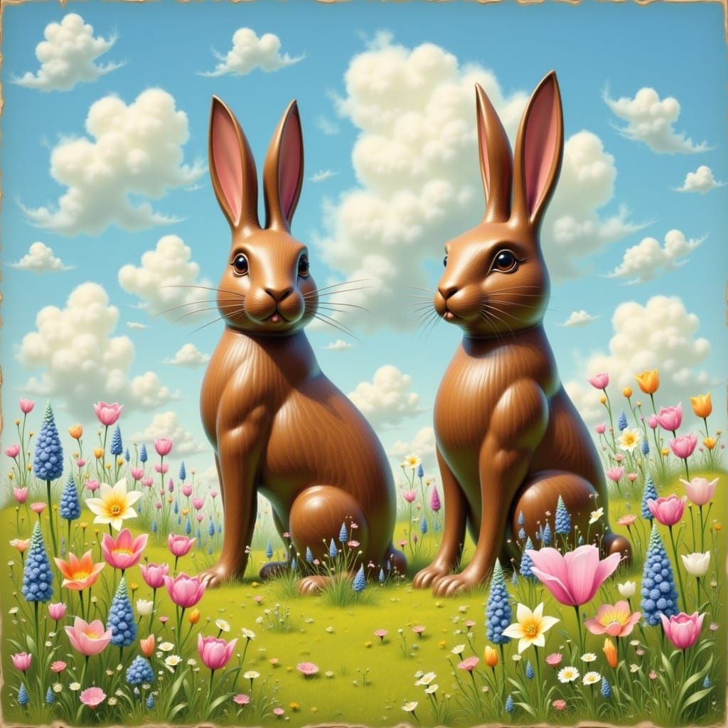 Large chocolate Easter bunnies the size of trees is a country field of Easter flowers <lora:Pastella:1.0>
