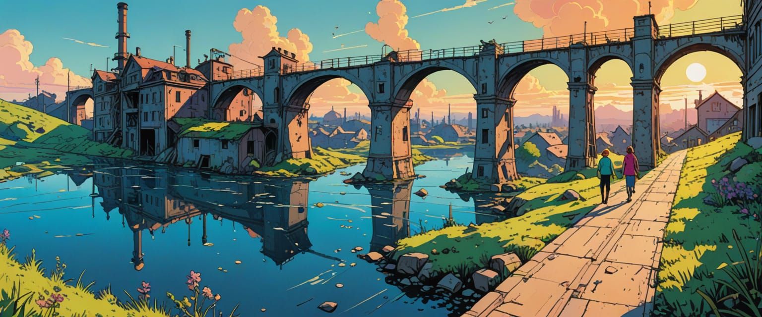 Couple Explore Abandoned Factory in Comic Book Style