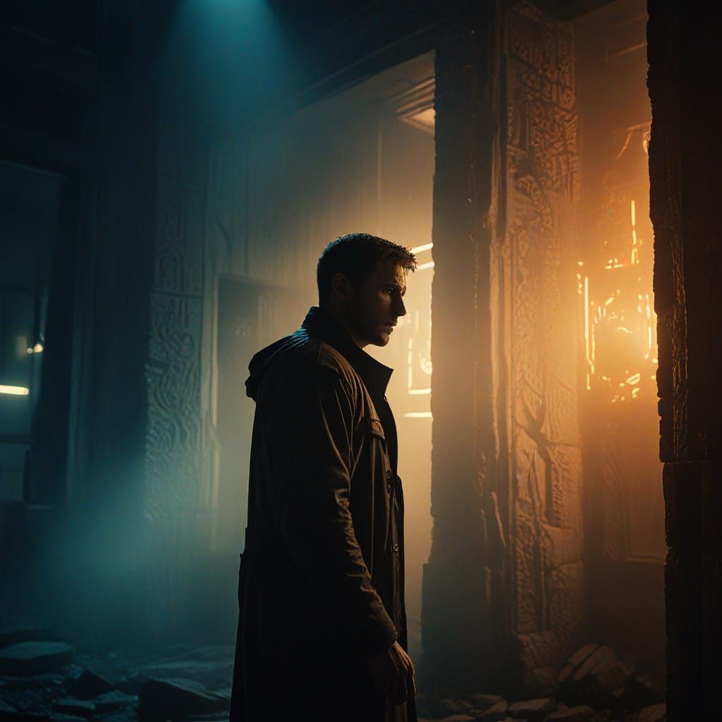 Cinematic Figure Amidst Ancient Symbols in Deep Blues and Or...