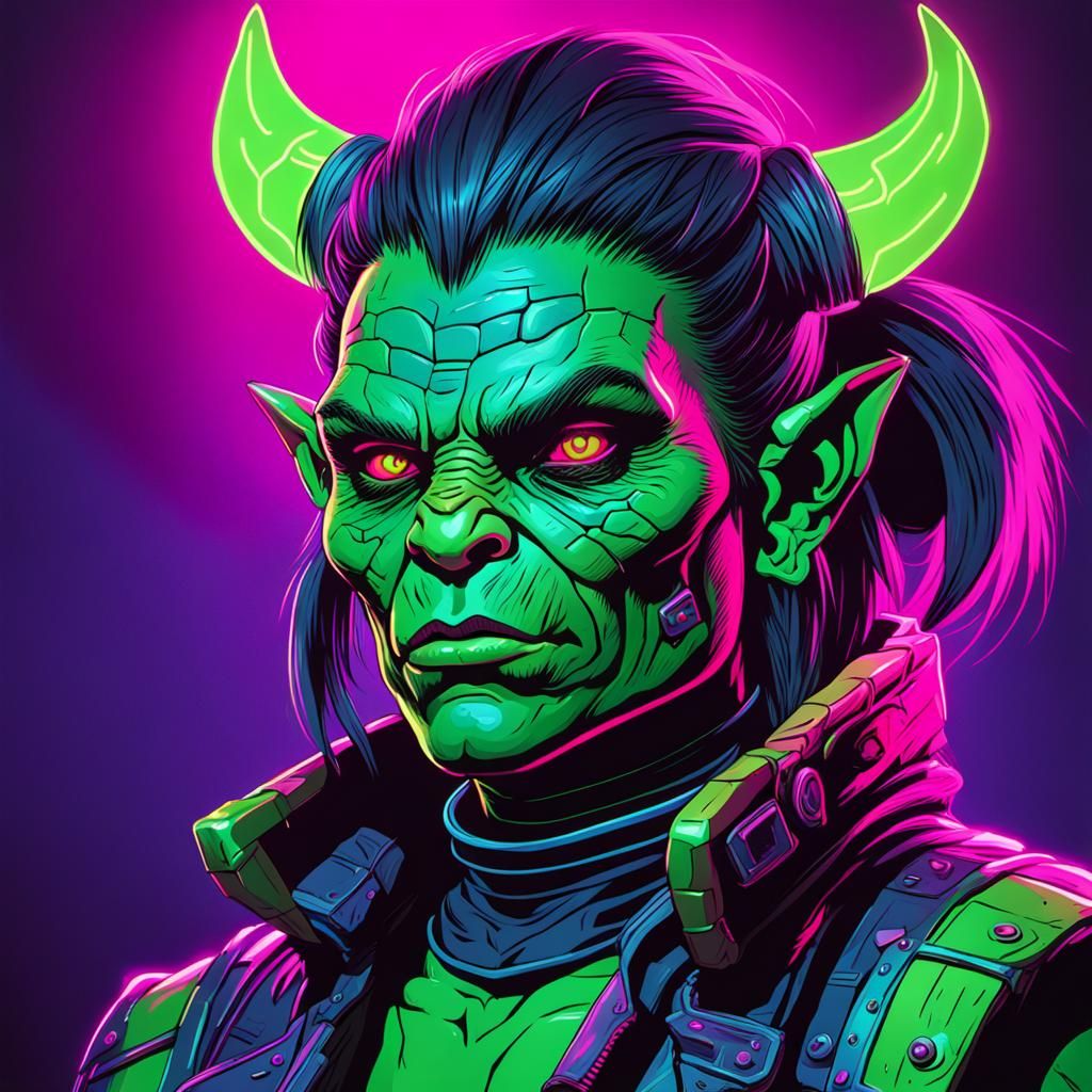 Synthwave Female Orc in Neon Retro Style