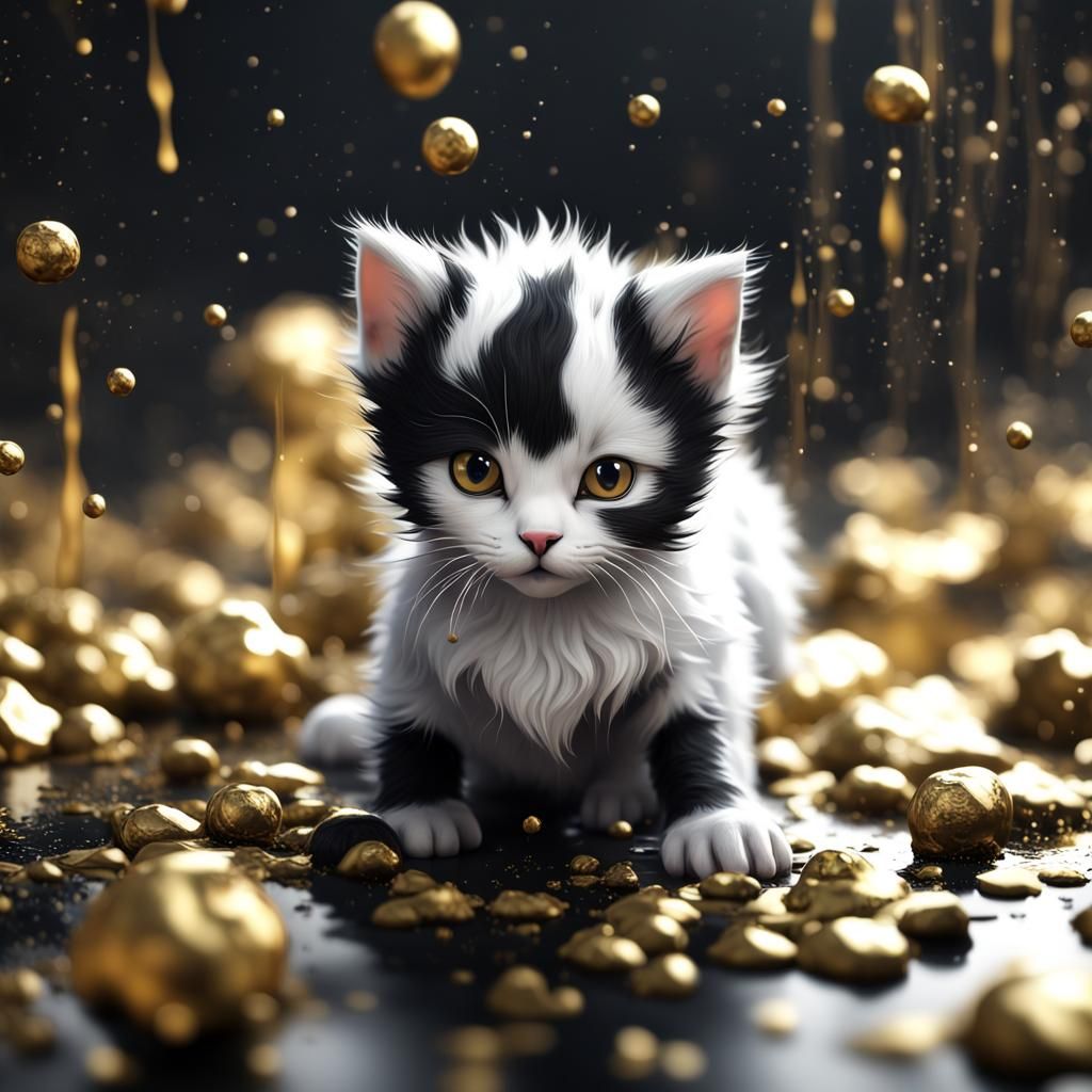 Splatter Paint Kitten in Gold, Black and White