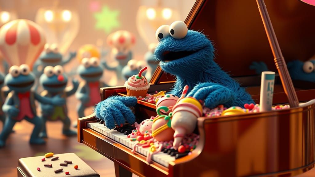 Cookie Monster's Ice Cream Piano in 3D Anime Style
