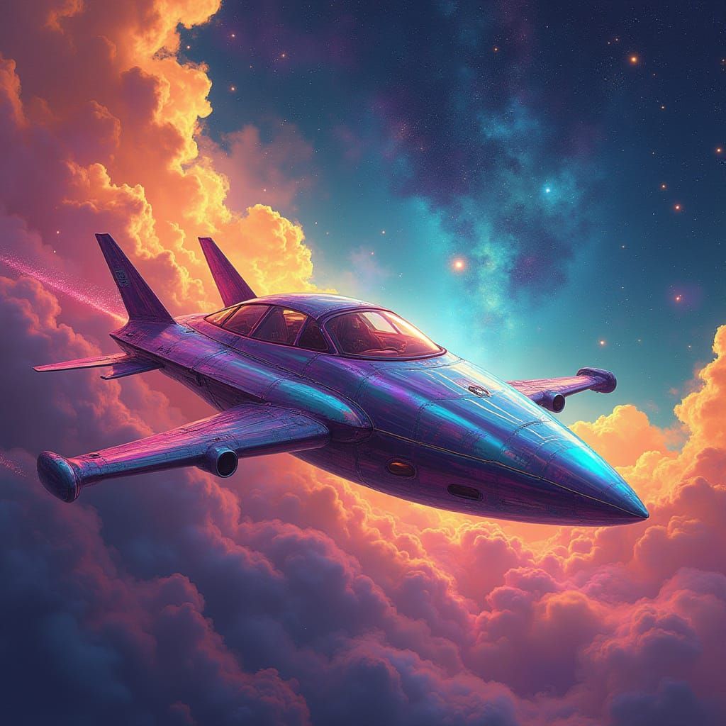 Rainbow Flying Car Soaring Through the Cosmos