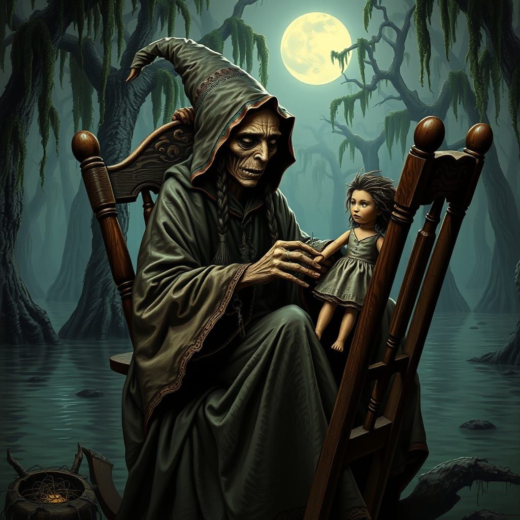Mystical Voodoo Sorceress Amidst Bayou Cypress Trees