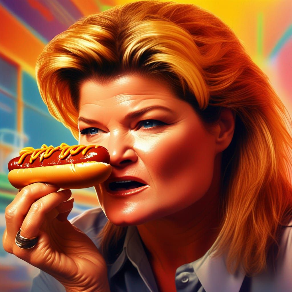 Hyperrealistic Erika Eleniak Eating Hotdog Splash Art