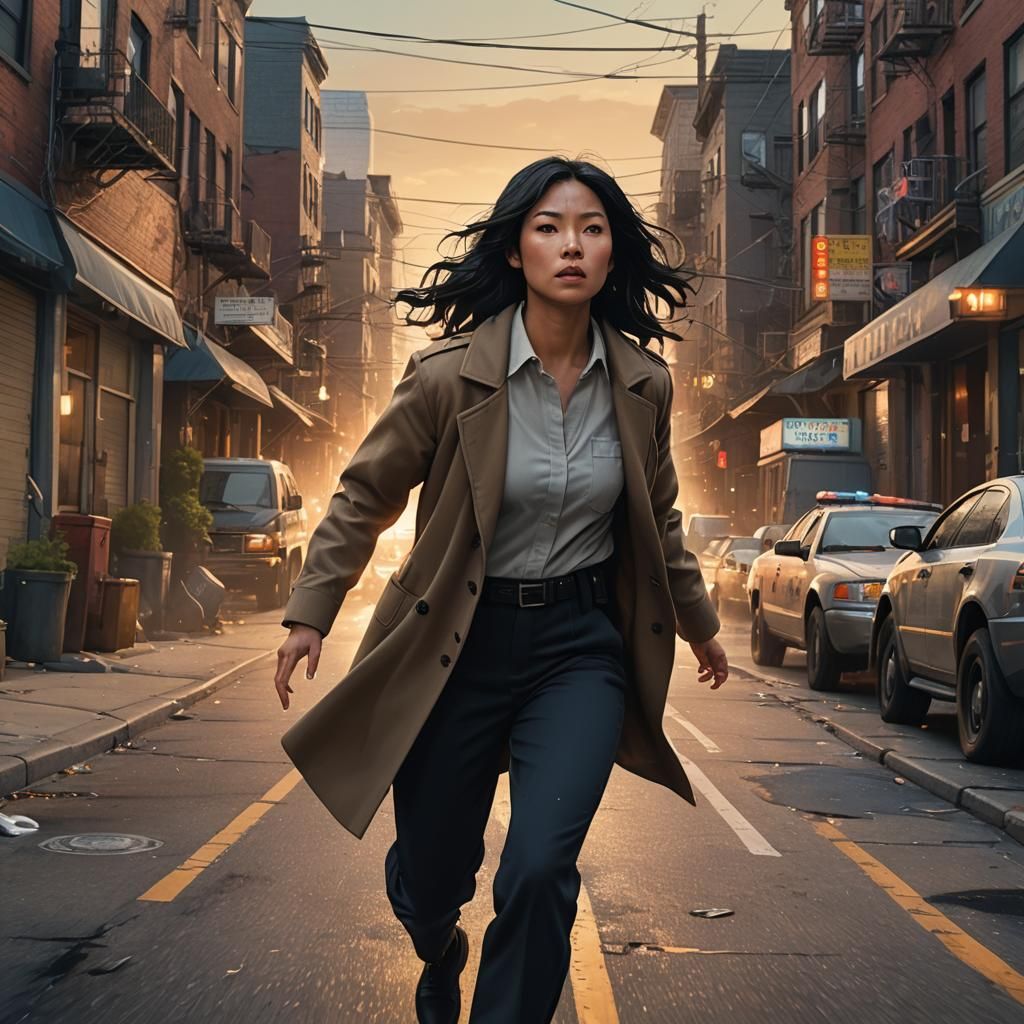 Woman in Action Scene with Police, Fantasy Concept Art