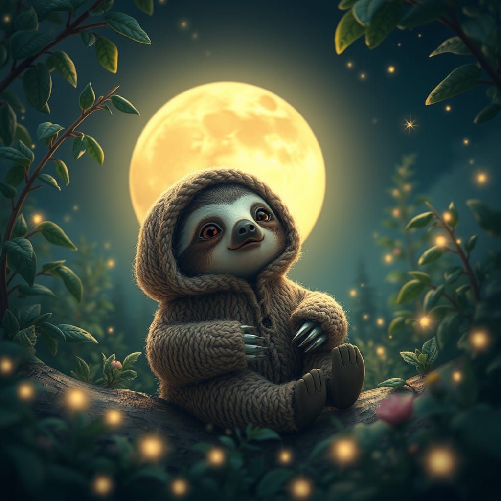Dreamlike Realism: Baby Sloth Basks in Lunar Whimsy