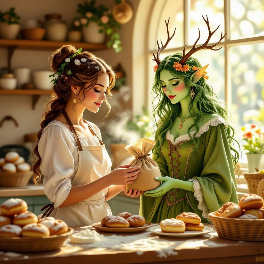 Magical Bakery Scene with Fae and Enchanted Cinnamon