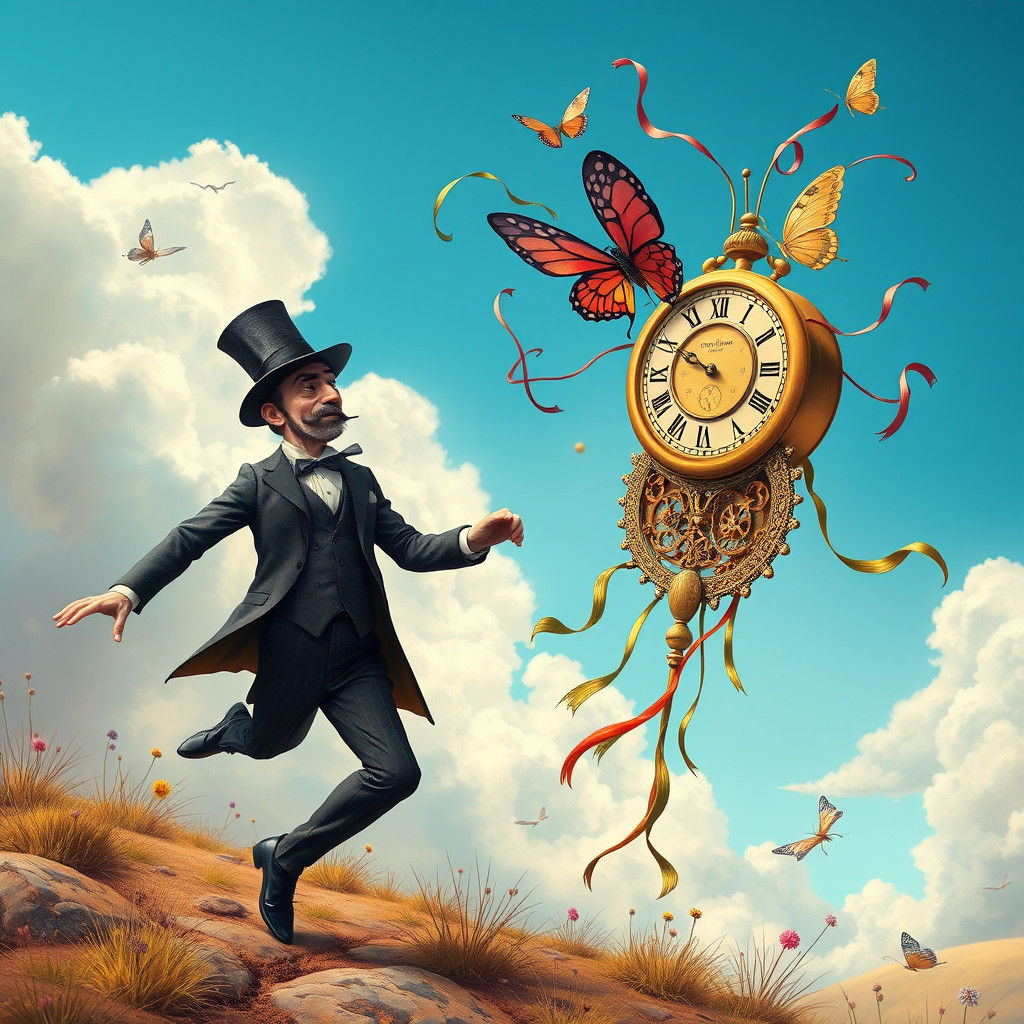 Man Chasing Flying Clock in Surreal Art Nouveau Style
