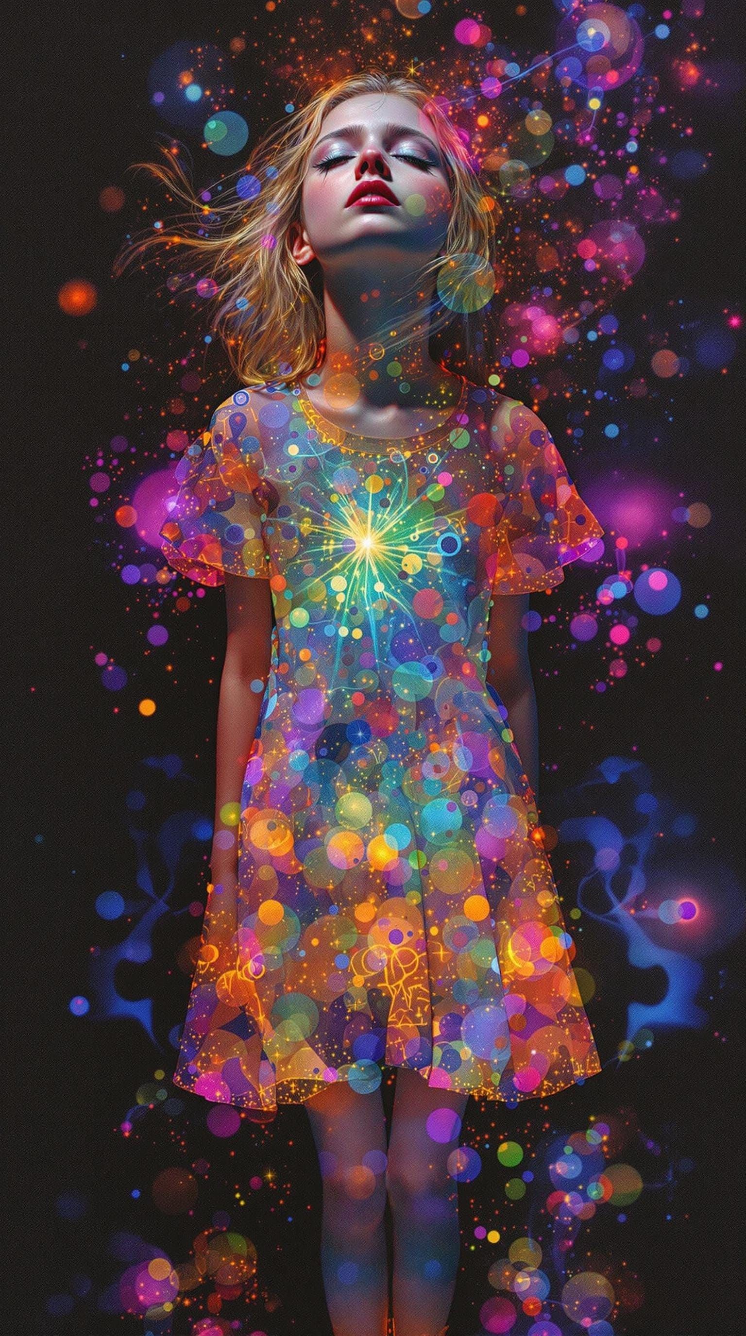 Sad Girl in Colorful Dress: Kirlian Photography