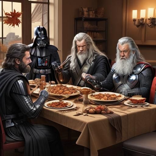 Darth Vader, Thor, Wolverine, and Gandalf at Thanksgiving