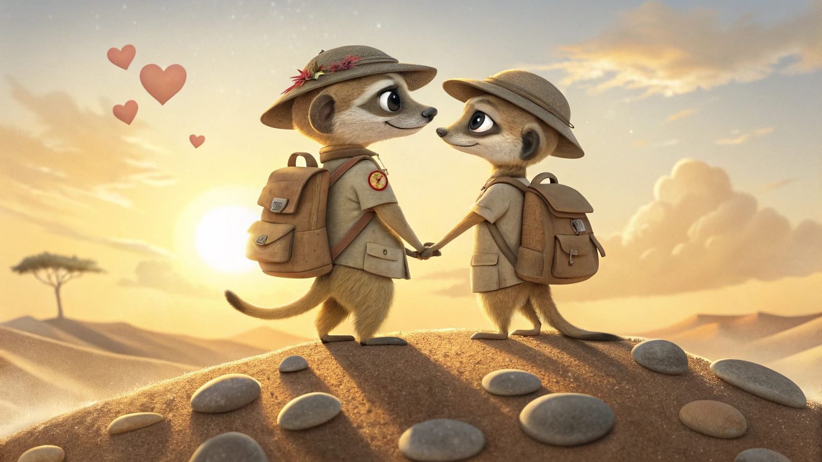 Cartoon Meerkat Couple Basks in Golden Sunset